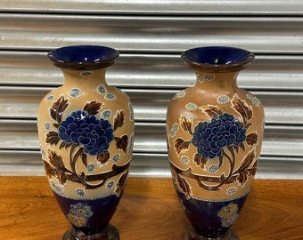 Impressive Pair of Antique Doulton Lambeth Art Nouveau Floral Decorated Stoneware Vases – Large