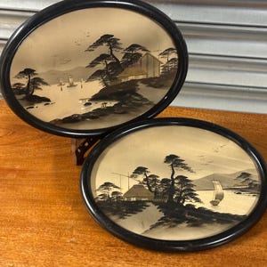 Pair Of Antique Early 1900’s Oval Ebonised Framed Japanese Paintings