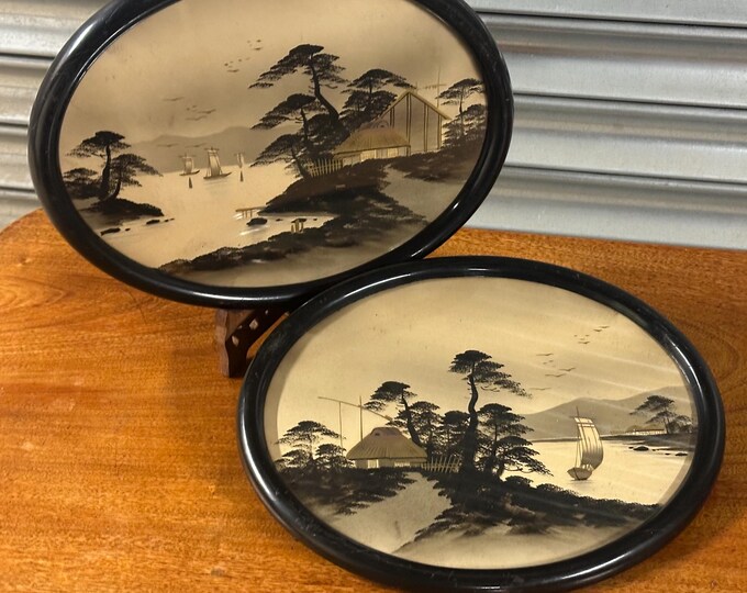 Pair Of Antique Early 1900’s Oval Ebonised Framed Japanese Paintings