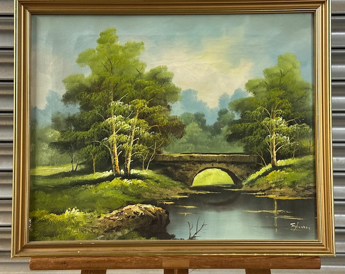 Original Vintage c1960’s Landscape Oil Painting Signed Sylvan - Bridge River Countryside scene with lush green colours
