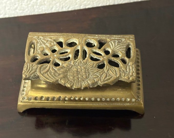 Vintage Small Brass Stamp Holder with Art Nouveau Sunflower Pattern