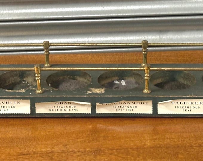 Vintage Classic Malts of Scotland Bottle Display, Wood & Brass, 6 Bottle Stand