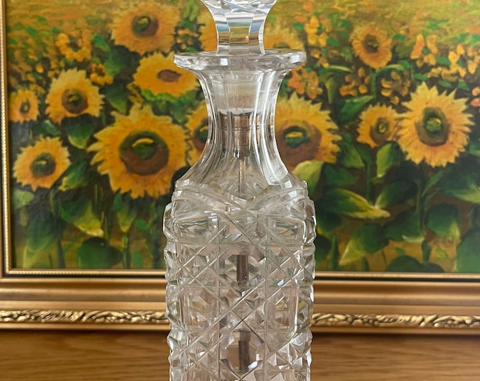 Beautiful Early c1900’s Edwardian Period Cut Glass Perfume Bottle with Cut Glass and Brass Spoon Stopper