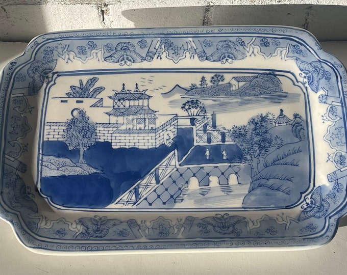 Beautiful Vintage Chinese Blue and White Ceramic Hand Painted Serving Plate