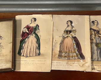Rare 1851 Spooner’s Costumes of the Court of Charles II Hand-Coloured Prints (4) – Royal State Ball Interest