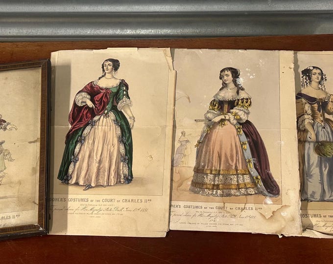 Rare 1851 Spooner’s Costumes of the Court of Charles II Hand-Coloured Prints (4) – Royal State Ball Interest