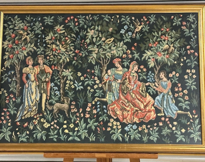Large Vintage Framed & Glazed Medieval Scene Woollen Tapestry