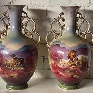 Pair Of Large Vintage Decorative A G Harley Jones Ceramic Vases with Ornate Twin Handles (A/F).