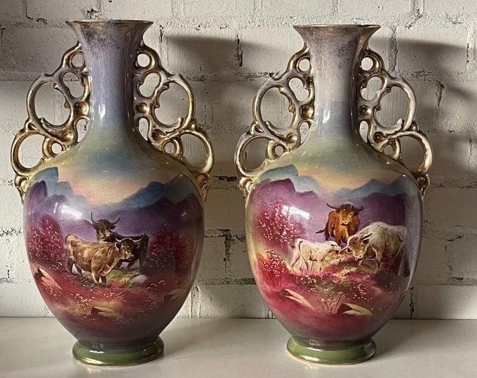 Pair Of Large Vintage Decorative A G Harley Jones Ceramic Vases with Ornate Twin Handles (A/F).