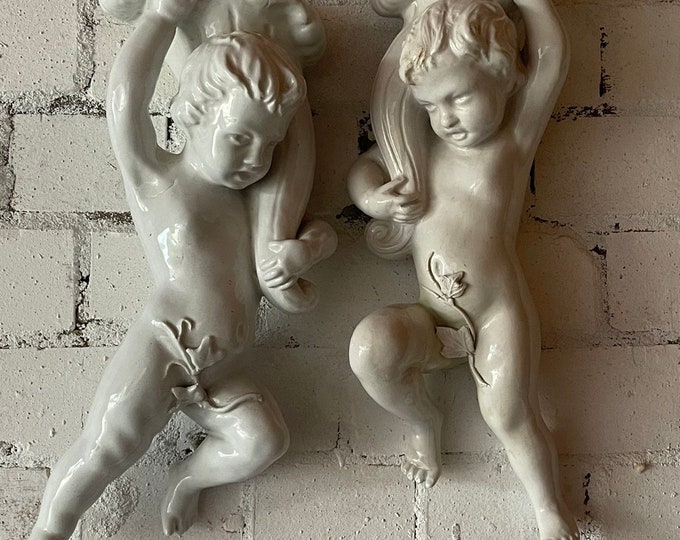 Beautiful Pair Of Antique Italian White Glazed Porcelain Cherub / Putti Wall Vases / Sconces