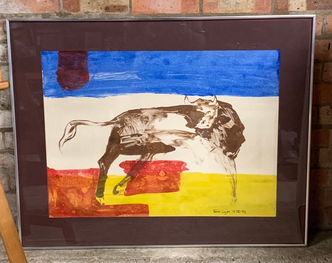 Large Abstract Silkscreen Print of a Bull Against The background of the Spanish Flag by Renos Loizou