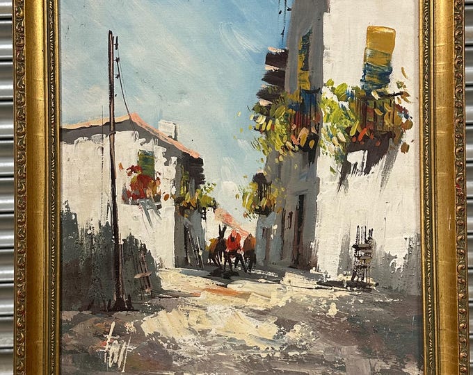 Superb Vintage Impressionist Spanish Street Scene With Donkeys - Signed by the artist lower left