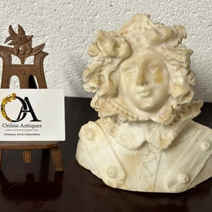 Antique White Marble Bust Of A Lady Wearing Bonnet