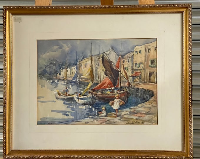 Beautiful Original Gilt Framed Watercolour Of Boats In A Harbour By C Glover with children at the quayside