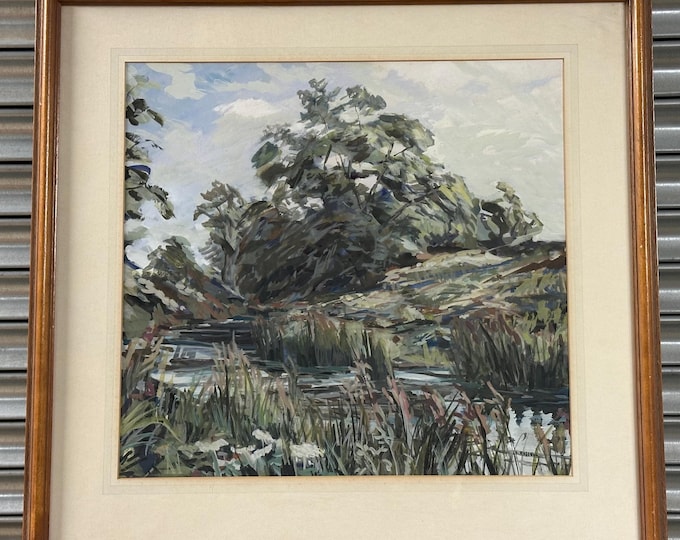 K. Russell Watercolour Landscape – Impressionist River Scene with Trees – Signed