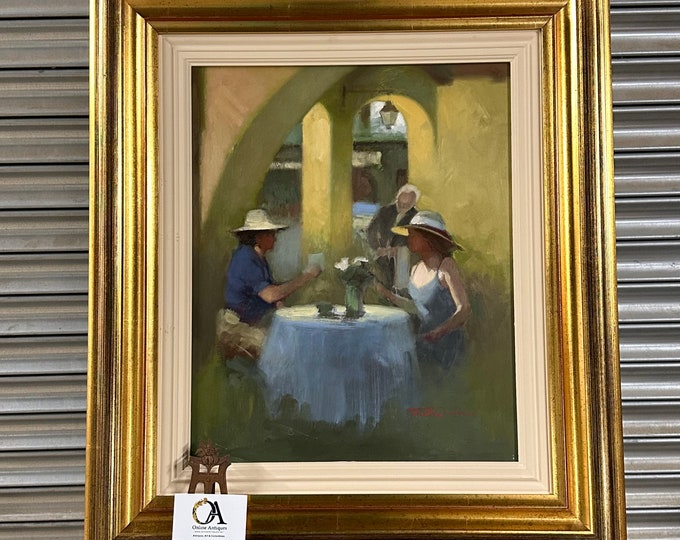 Stunning Impressionist Oil On Board Depicting Two People At A Table By Tom Quinn