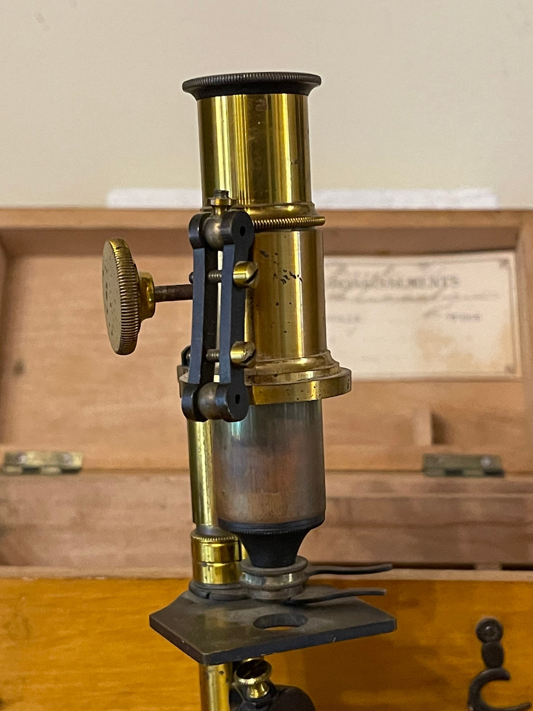 French Circa 1900/1910 Students Brass Microscope in Original Box.