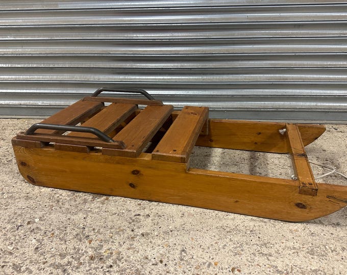 Antique Handmade Quality Pine Sledge With Brass Handles And Runners On Base