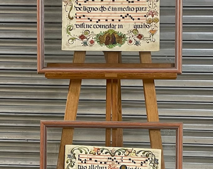 Rare Antique Large Frame & Glazed Hand Written And Painted Latin Vulgate Choral Antiphonary