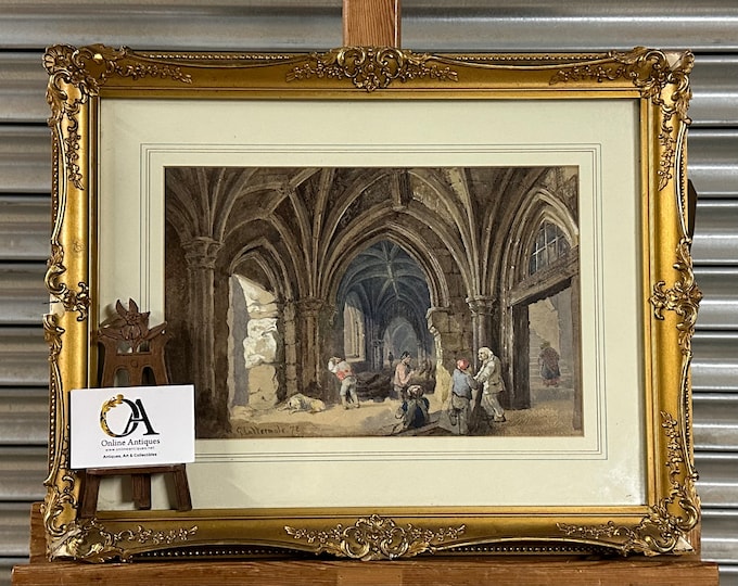 19th Century Watercolour Of An 18th Century Cloister Scene After George Cattermole