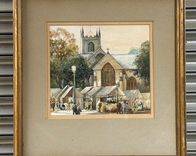 Original 1930’s Watercolour of St Mary Magdalene Church & Marketplace Hucknall, Nottingham