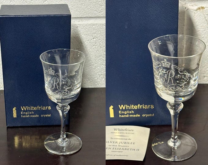 Pair of Lovely Quality Whitefriars Hand Made Crystal Silver Jubilee Glass Goblets
