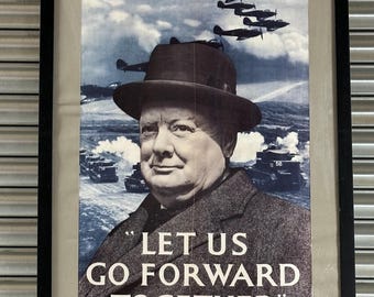 Framed Print Iconic British World War II Propaganda Poster, "Let Us Go Forward Together," featuring Winston Churchill