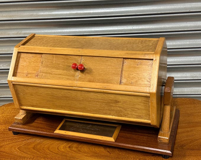 Vintage Wooden Tombola Raffle Drum on Stand – Brass Plaque presentation plaque reads, League of Friends Wolverhampton Eye Infirmary
