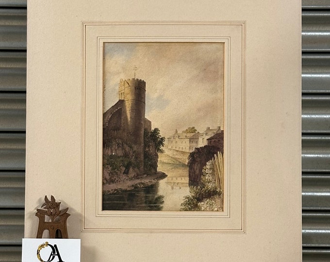 Original 19th century Watercolour of a Castle and River Landscape Scene