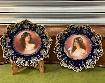 Pair Antique MZ Moritz Zdekauer Cobalt Blue & Gold Gilt Portrait Cabinet Plates c1900