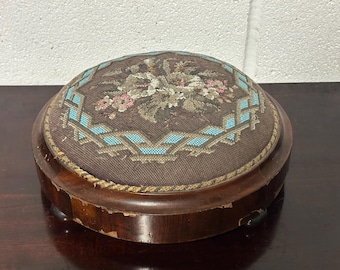 Antique Victorian Wooden Round Foot Stool with Beaded Padded Top