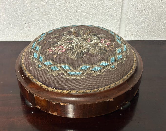 Antique Victorian Wooden Round Foot Stool with Beaded Padded Top