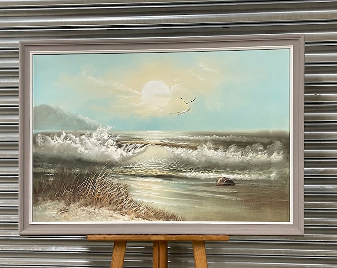 Lovely Original Retro Mid Century Seascape Oil Painting Signed Wakefield