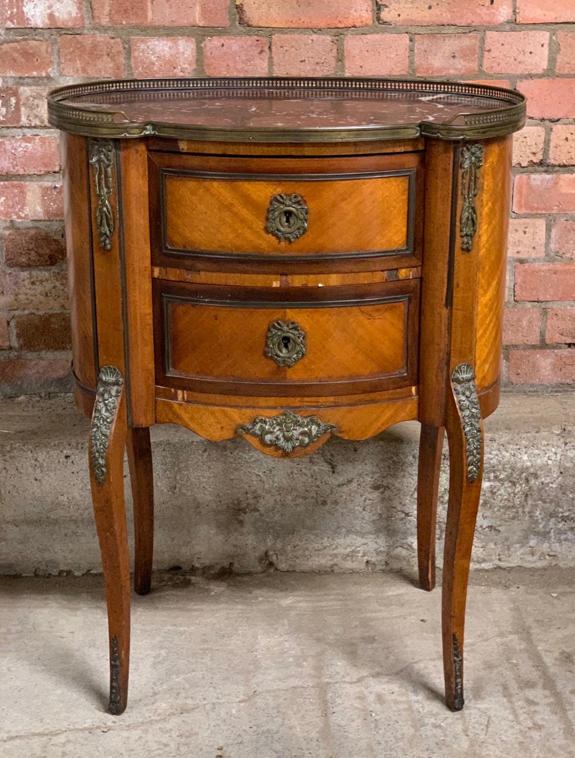 Antique French Kidney Shaped Table With Ornate Brass Mounts & Marble Top