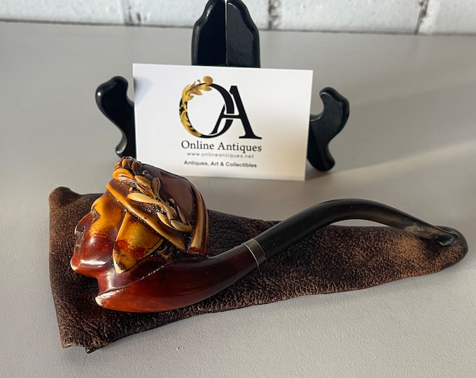 19th Century Victorian Roman Emperor Bust Meerschaum Pipe with Leather Pouch