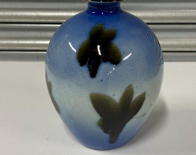 Vintage Chinese Inspired Glazed Vase – Blue & Brown Leaf Design Studio Pottery