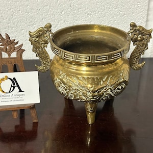 Gorgeous Antique Chinese Brass Incense Incense Burner with Dragon Handles