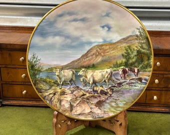 Stunning Royal Worcester Cabinet Plate – Signed Edward Townsend – Highland Cattle River Landscape c.1930s - Perfect Gift