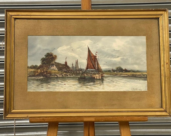 Original Arthur George Watts Watercolour Of A Sailboat On The River Dated 1907