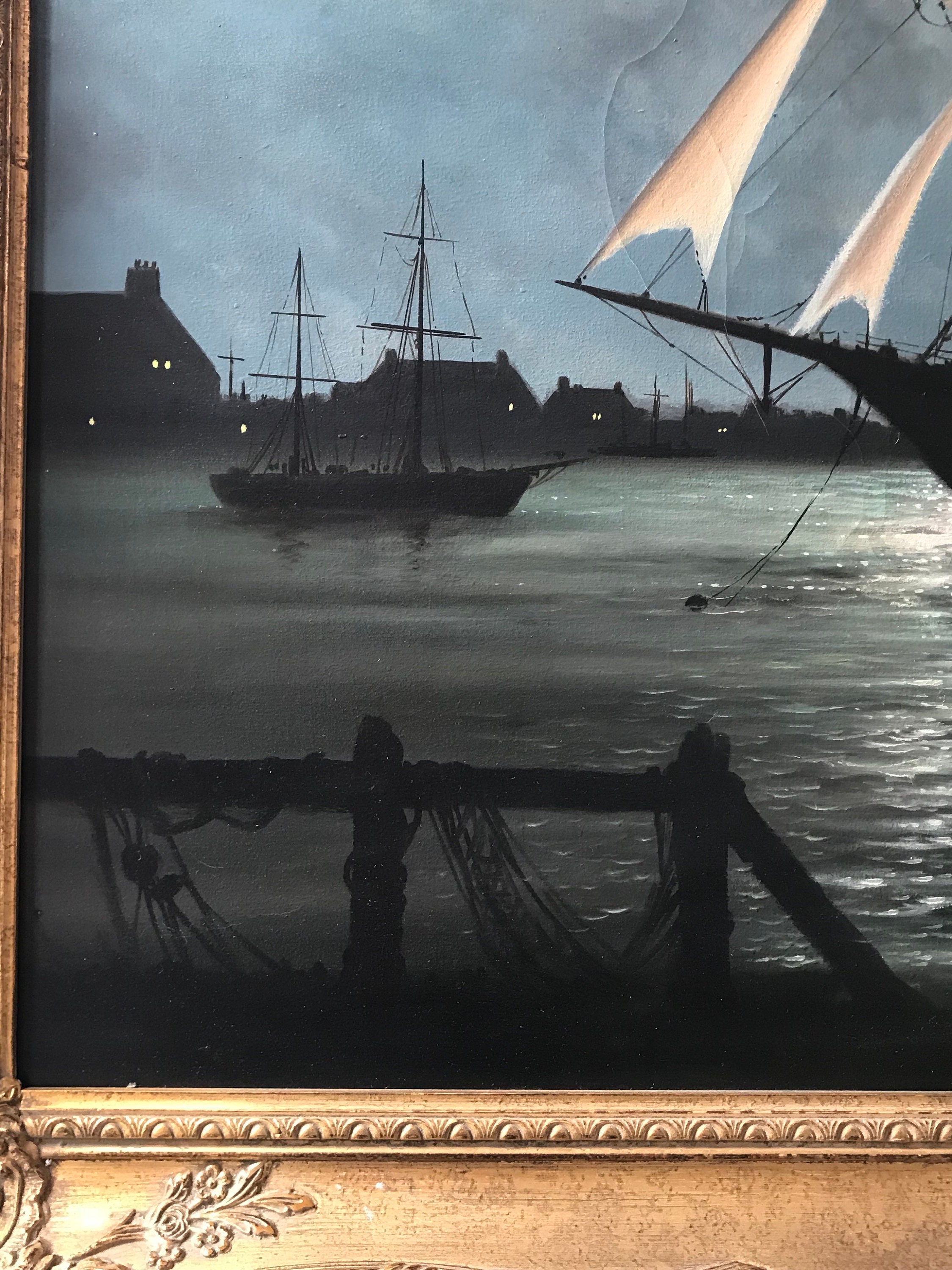 A Fabulous Large Original Gilt Framed Oil On Canvas Of Ships In A Harbour by J Stewart