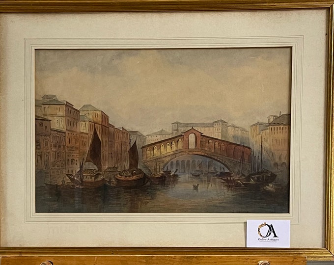 Beautiful 19th Century Watercolour Of The Rialto Bridge In Venice