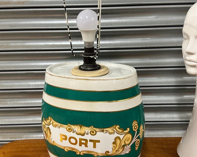 Vintage 19th Century Hand Painted Green Ceramic PORT Barrel Dispenser – Converted Table Lamp