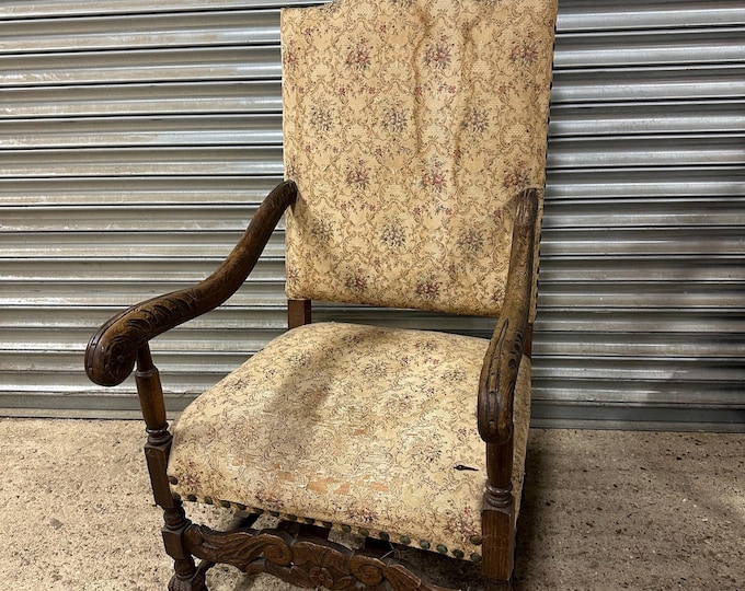 Handsome 19thC Antique Oak Carved Armchair / Fireside Chair - Jacobean Style