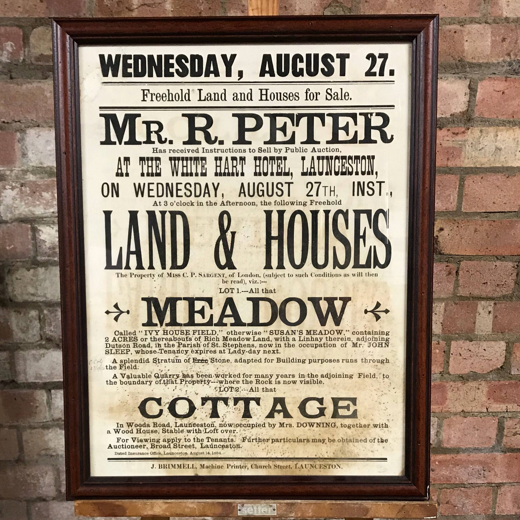 Framed Antique Advertising Freehold Land & Houses for Sale Launceston