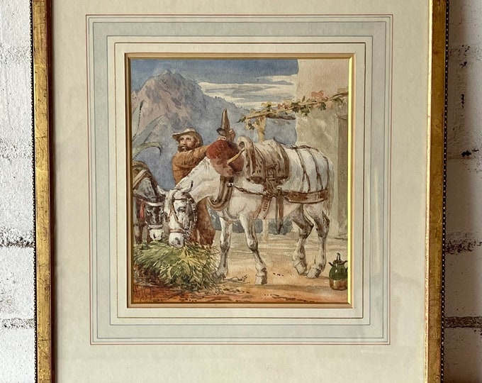 19th Century Watercolour By Henry Graves of a Man with Horses