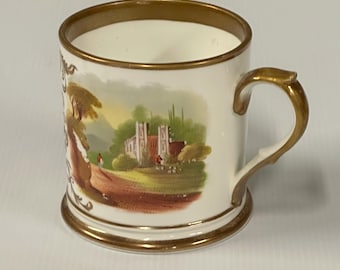 Antique Porcelain Christening Mug / Tankard – Dated 1853 – Hand-Painted Landscape & Gilt Decoration