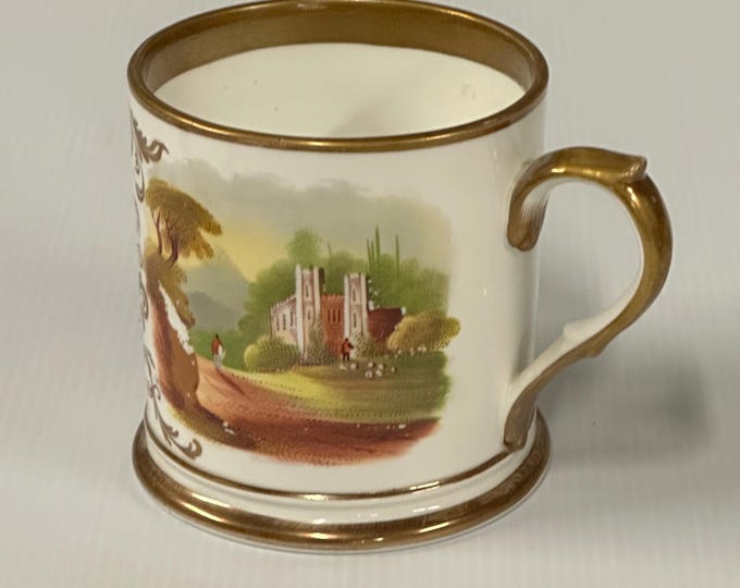 Antique Porcelain Christening Mug / Tankard – Dated 1853 – Hand-Painted Landscape & Gilt Decoration