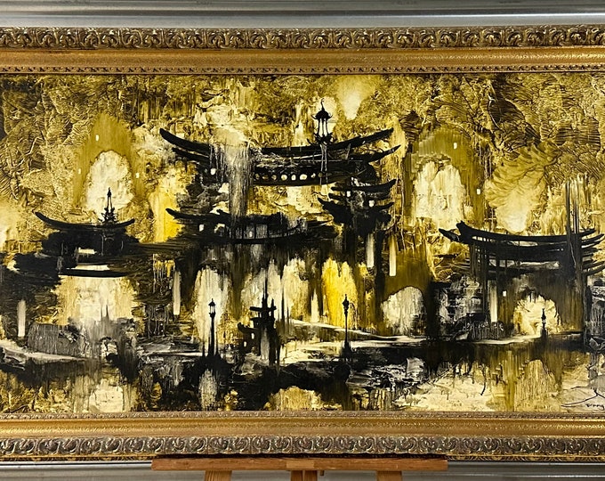 Very Large Original Abstract Painting Of Chinese Pagoda’s Signed Terry Lacey - Dated 1968