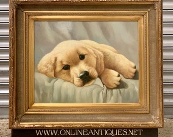 Superb Large Gilt Framed Original Art Work Of A Golden Labrador Puppy By Johnny Gaston, who was born in Glasgow in 1955