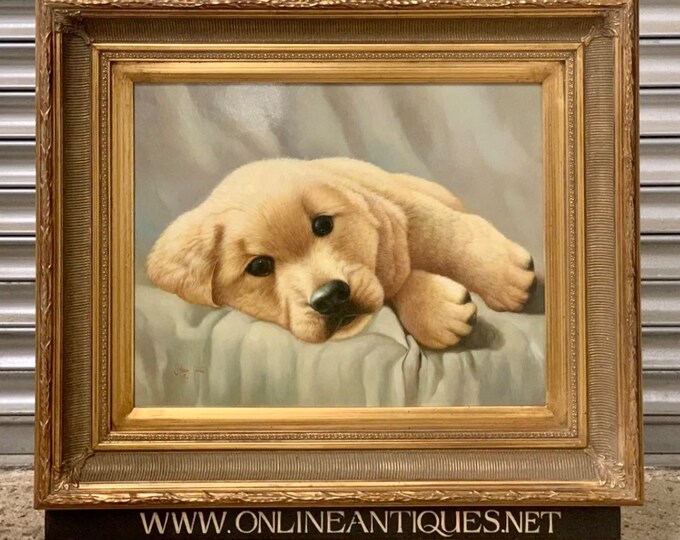 Superb Large Gilt Framed Original Art Work Of A Golden Labrador Puppy By Johnny Gaston, who was born in Glasgow in 1955